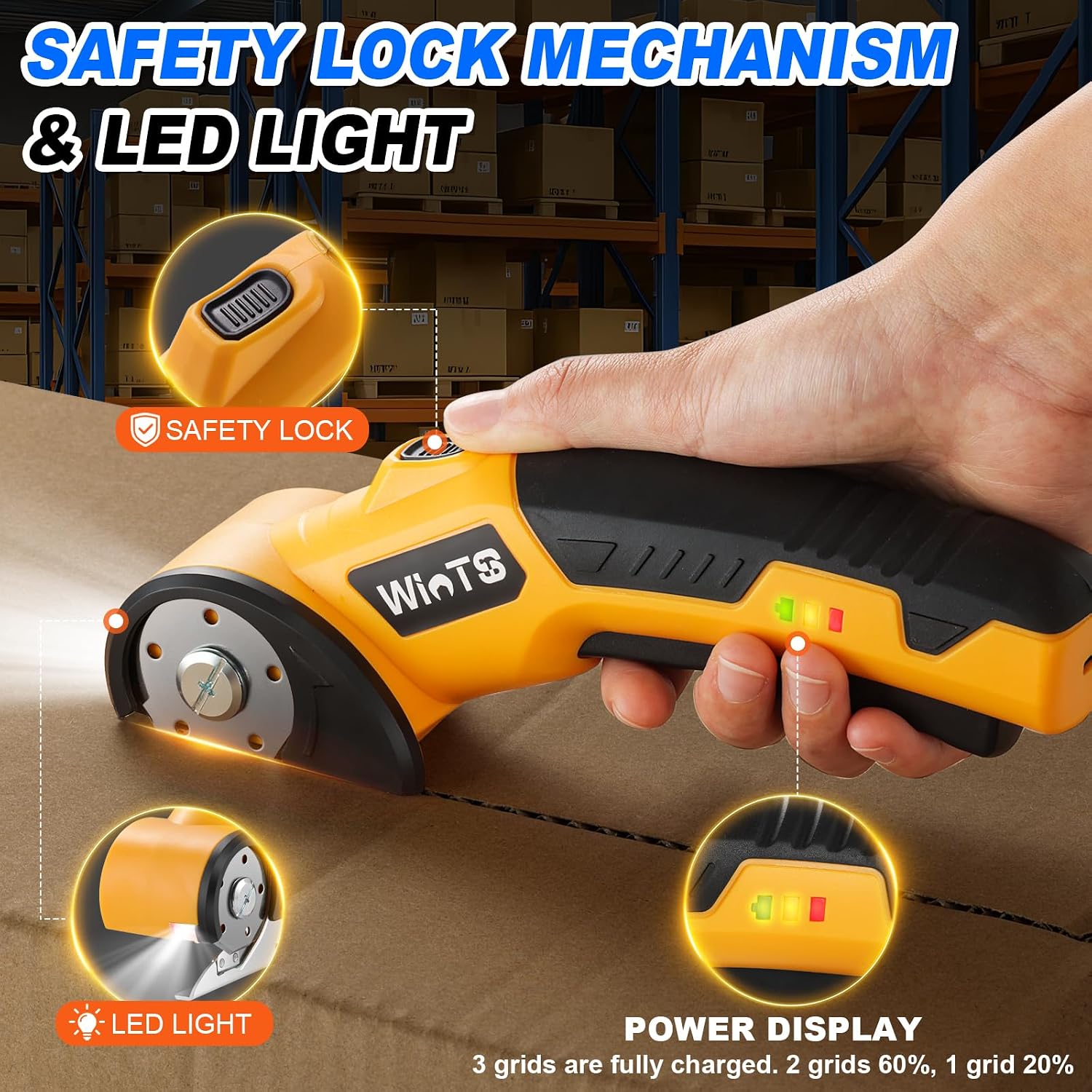 WINTS Cordless Electric Scissors,High-capacity 2000mah Battery 4V Cardboard Cutter with Safety Lock & LED Light, Rechargeable Rotary Cutter for Box Carpet Plastic Fabric With 2 Blades (Yellow)
