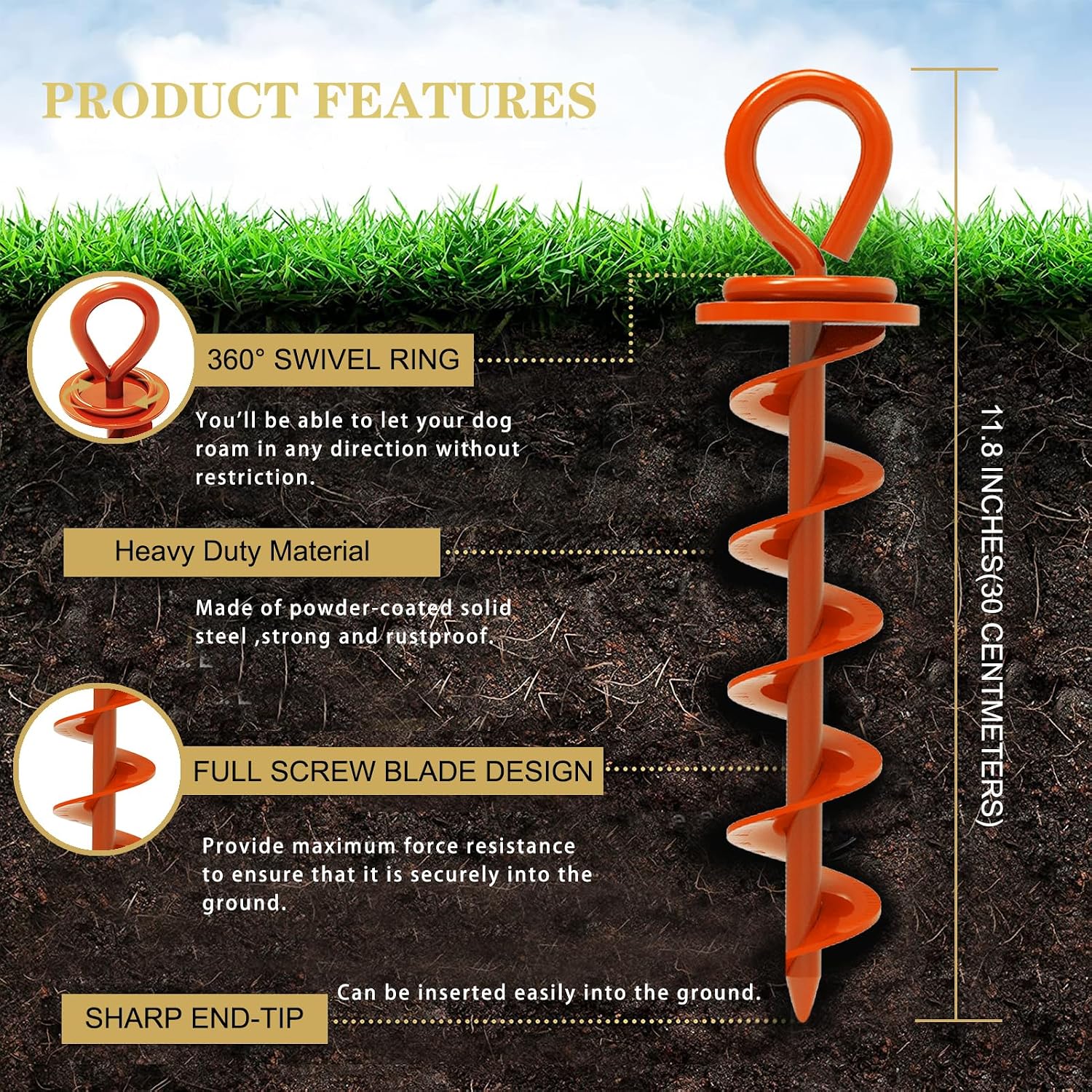 Eurmax USA 2-Pack Heavy Duty Dog Tie Out Stake, No-Tangle In Ground Anchor Runner for Large Dogs up to 210 Lbs - Perfect for Yard, Beach and Camping (Medium,Orange)