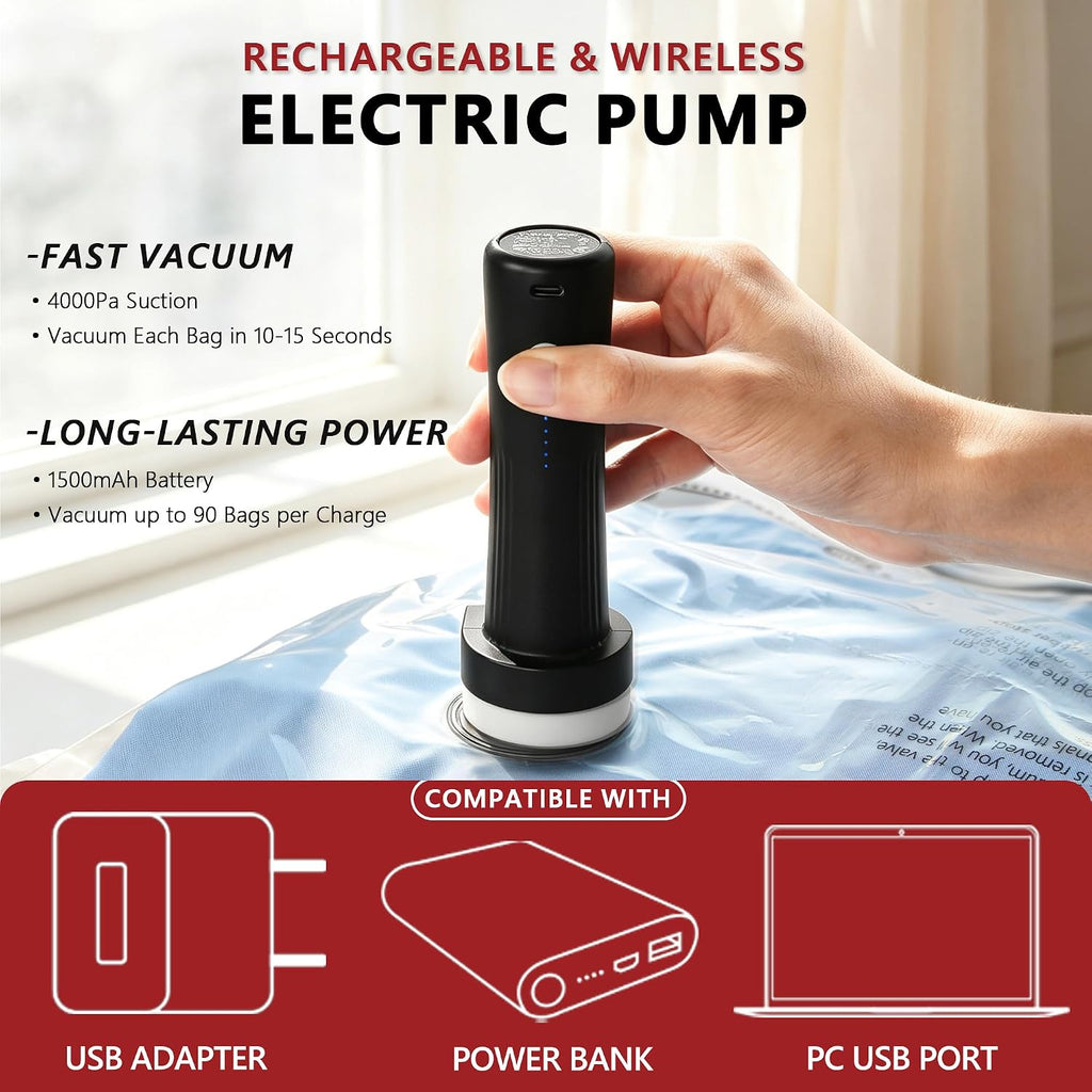 Travel Vacuum Bags for Clothing with Cordless Pump 12 Combo, Clear