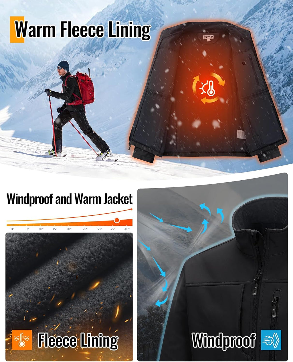 33,000ft Men's Lightweight Softshell Jacket Fleece Waterproof Windbreaker