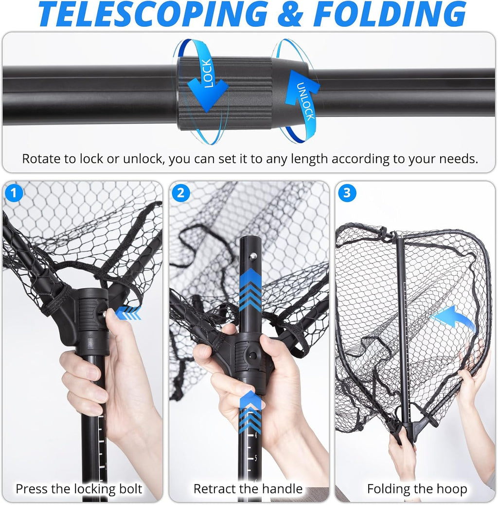 Foldable Long Fishing Net, Large Landing Net with Telescoping Handle