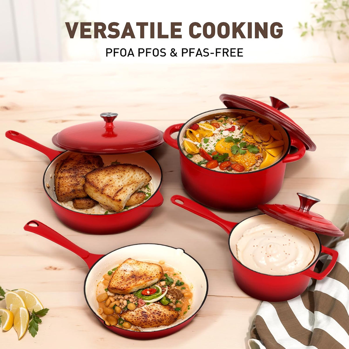MAISON ARTS 7 Piece Enameled Cast Iron Pots and Pans Set, Red