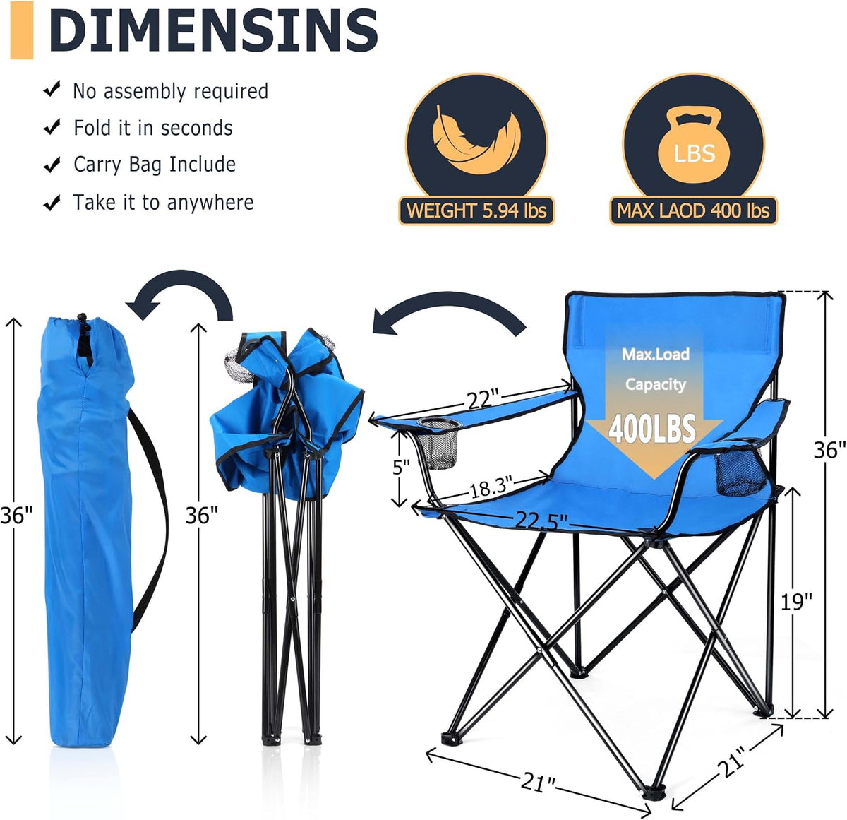 Joyfair Camping Chairs for Lawn & Beach, Large for Adults, Black & Blue