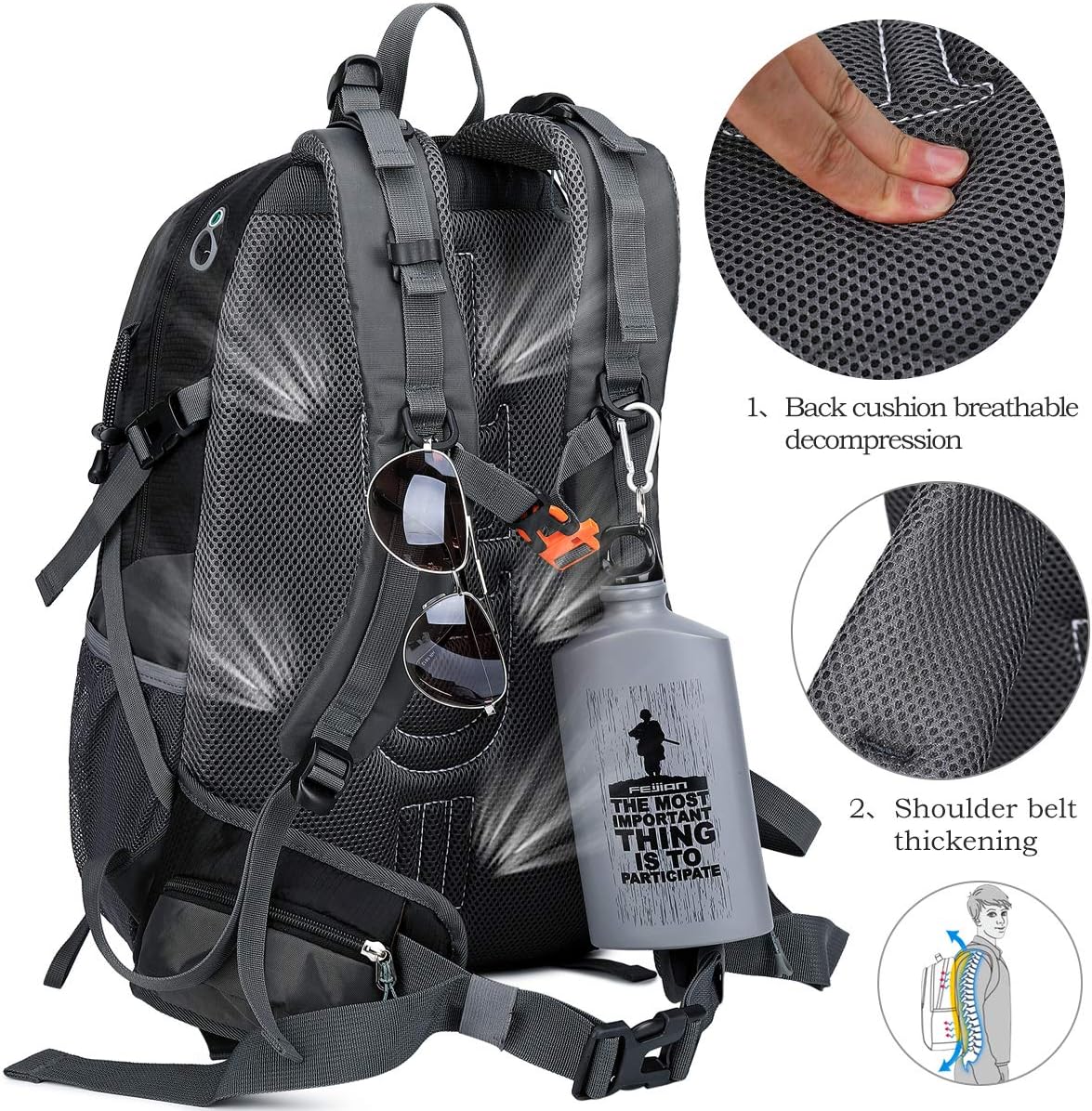 FENGDONG 40L Waterproof Lightweight Outdoor Daypack Hiking,Camping,Travel Backpack for Men Women Black