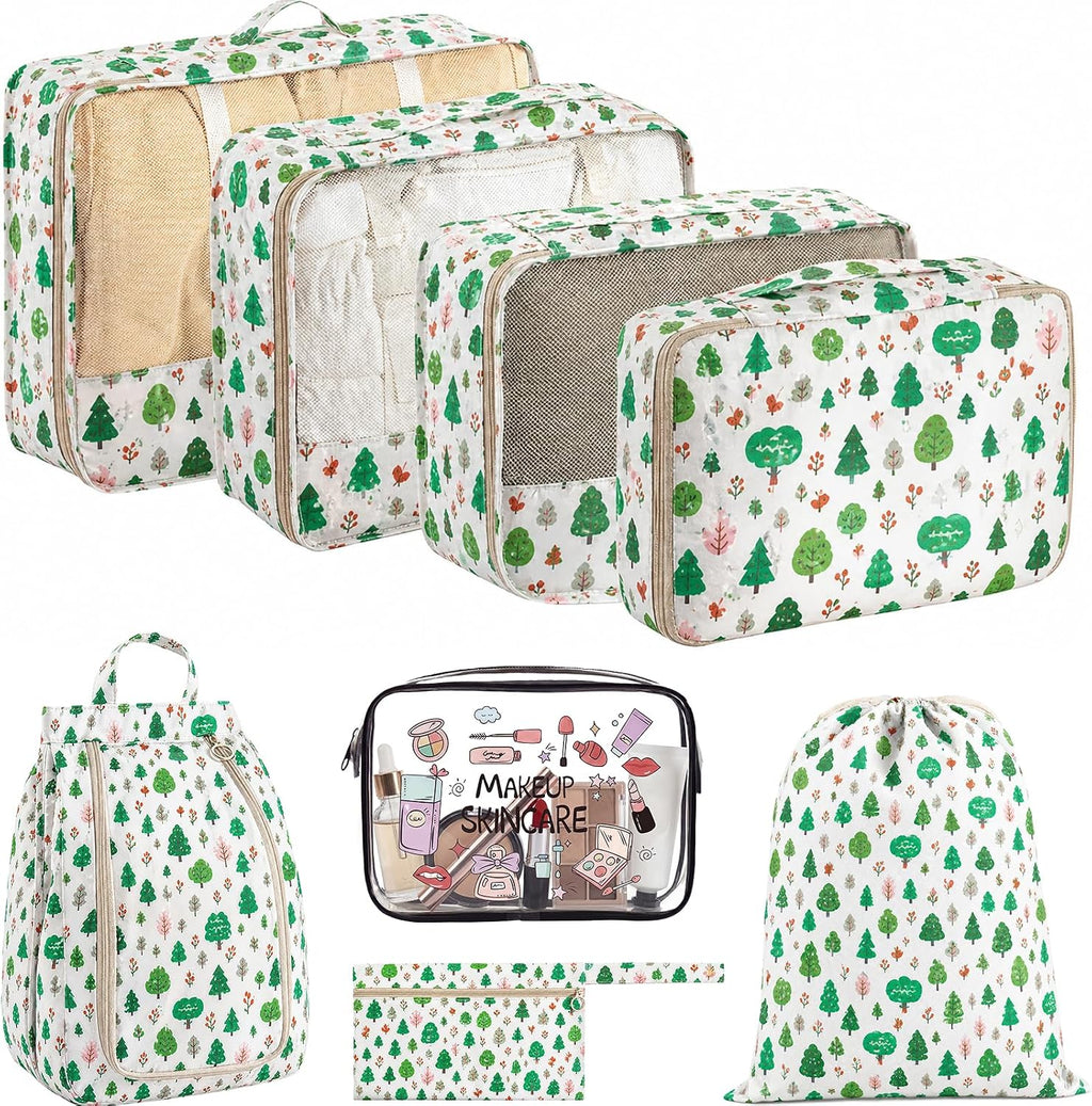8 Set Packing Cubes for Travel, Durable Luggage Packing Organizers, Carry-On Accessories, TSA Approved See-Through Cubes, Space-Saving Storage Bags, Gifts for Women (Forest Greenery)