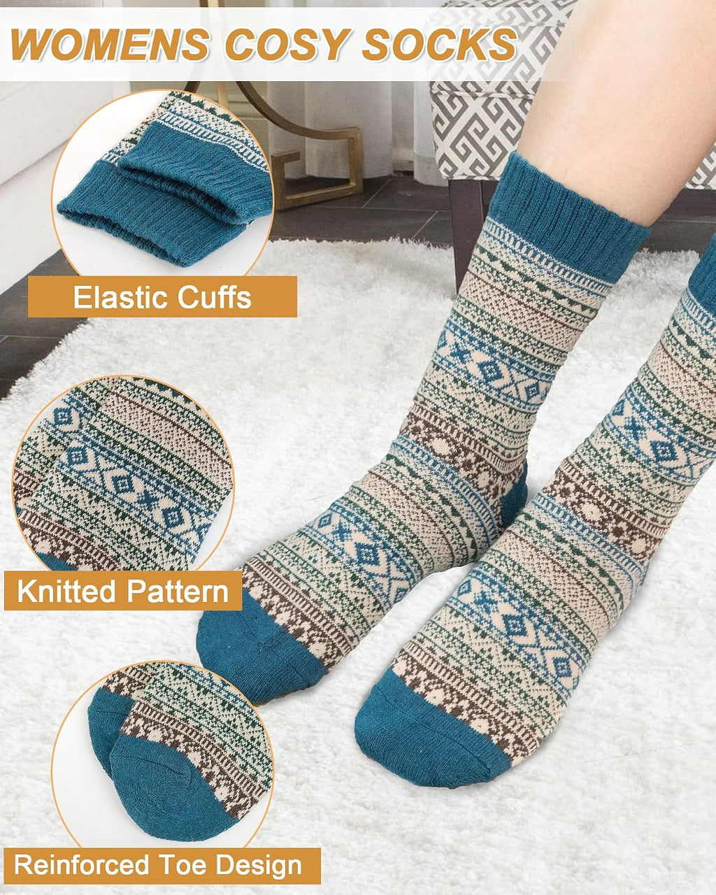 Senker Fashion Wool Socks for Women, 5 Pairs Winter Warm Crew Boot Socks