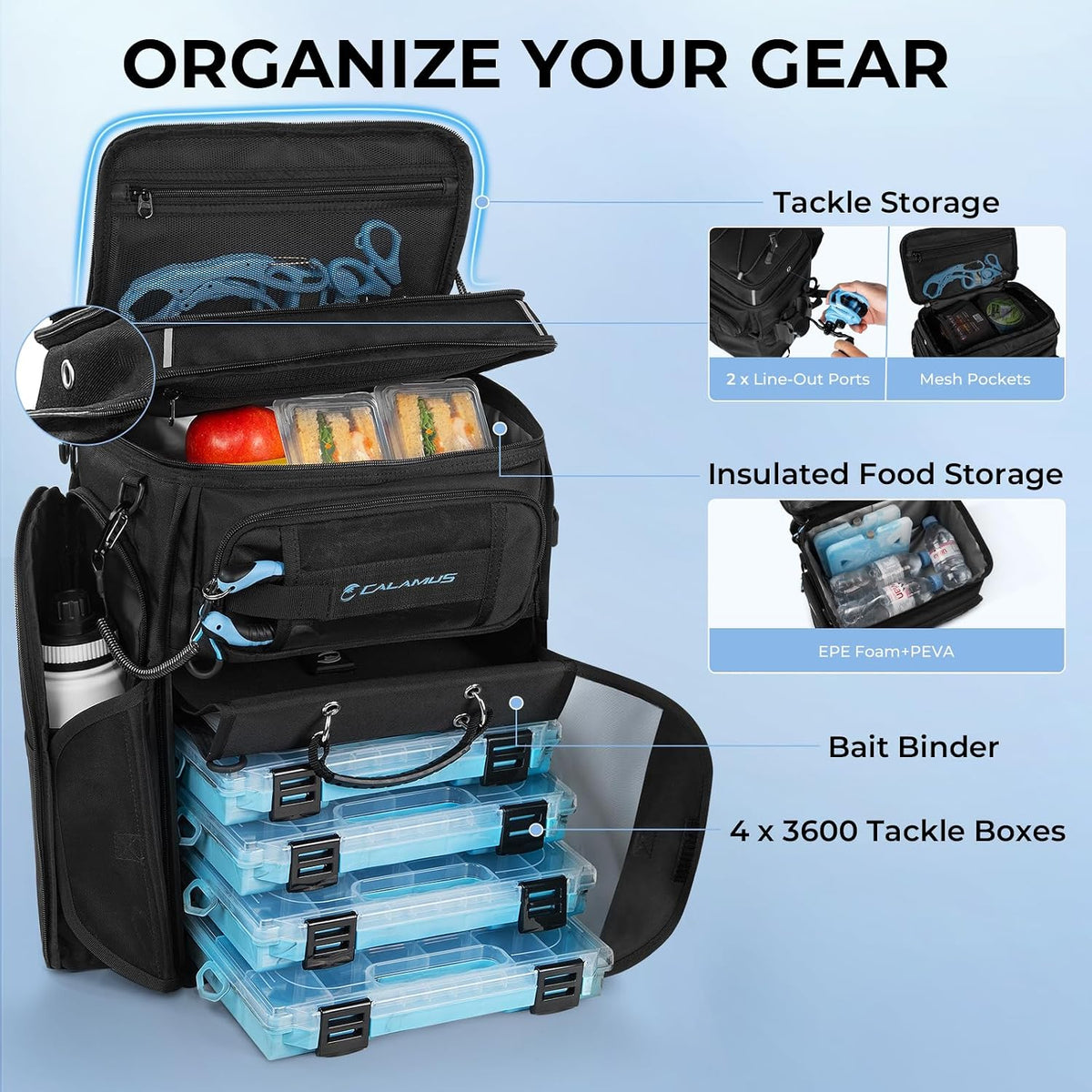 Calamus GearMaster Fishing Backpack with Bait Binder, Black With (4) 3600 Tackle Boxes