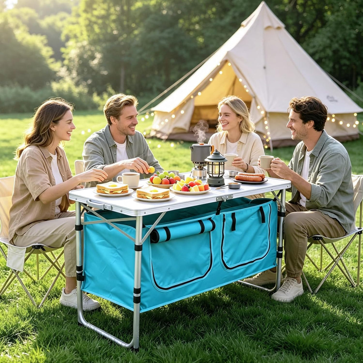 JOUYEK Camping Table, Folding Kitchen Table with Storage Sky Blue