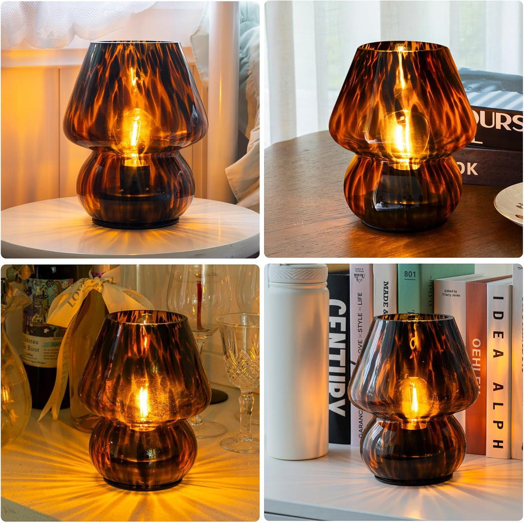 ULAROOM Battery Operated Mushroom Lamp - Vintage Small Table Lamp with Timer, Cordless Bedside Nightstand Lamp, Glass Battery Powered Lamp for Bedroom Kitchen Living Room Shelf Decor Aesthetic Amber
