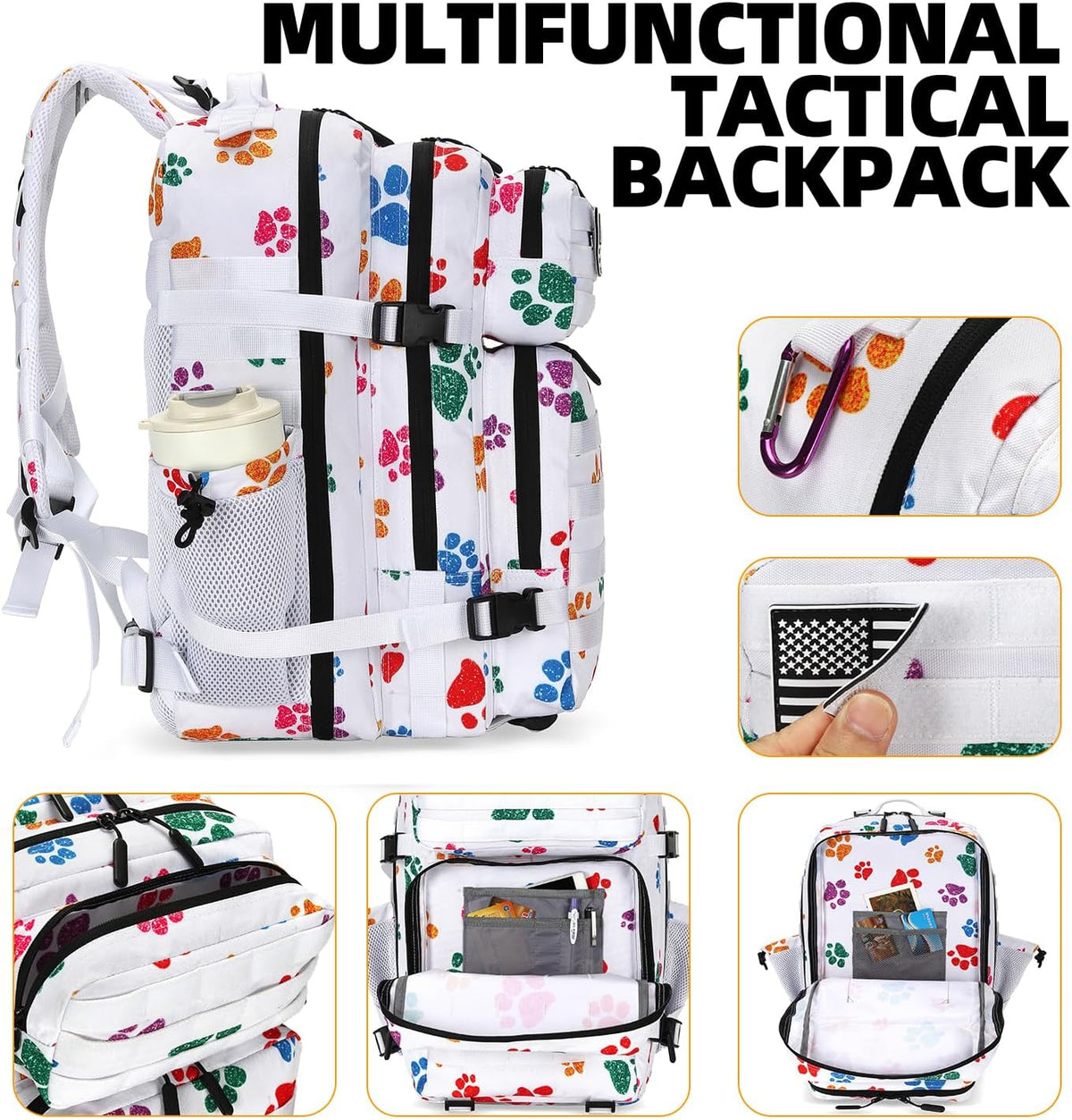 Lovelinks21 25L Tactical Military Backpack Small Travel Rucksack for Men and Women Assault Pack Bug Out Bag Molle Daypack Gym Backpack with Bottle Holder (Cat Paw)