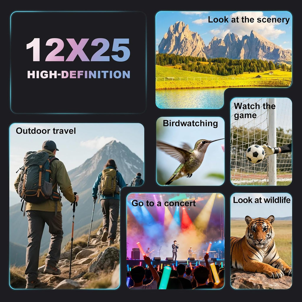 BIJIA 12 x 25 Compact Binoculars for Adults and Kids, Easy Focus Small Binoculars with BAK4 Prism, Large Eyepiece, Waterproof, Low Light Vision for Travel, Hiking, Bird Watching, Hunting, Concerts