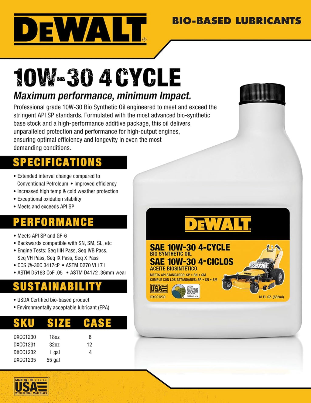 DEWALT Biosynthetic SAE 10W-30 Oil – 4-Cycle Engine Oil for Small Engines, Generators & Outdoor Power Equipment – Meets and Exceeds API SP – Extended Interval, Cold Start Protection – 18 oz