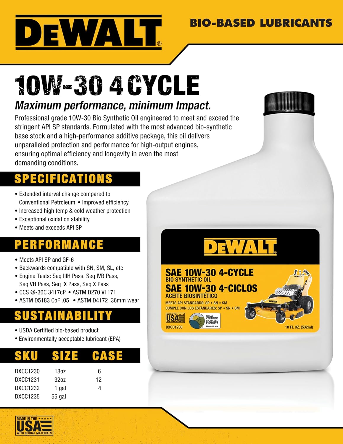 DEWALT Biosynthetic SAE 10W-30 Oil – 4-Cycle Engine Oil for Small Engines, Generators & Outdoor Power Equipment – Meets and Exceeds API SP – Extended Interval, Cold Start Protection – 18 oz