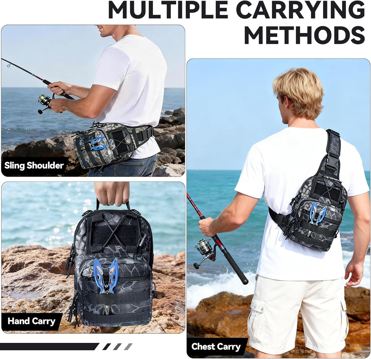 Kynzo Fishing Sling Backpack with Rod Holder, Water-Resistant Fishing Tackle Bag, Durable Shoulder Crossbody Pack for Freshwater Saltwater Fishing