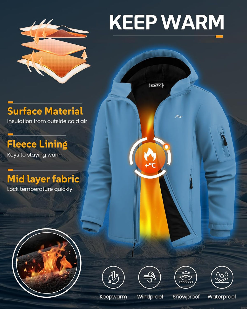 WULFUL Men's Lightweight Softshell Jacket Warm Fleece Lined Windbreaker Waterproof Soft Shell for Outdoor Hiking