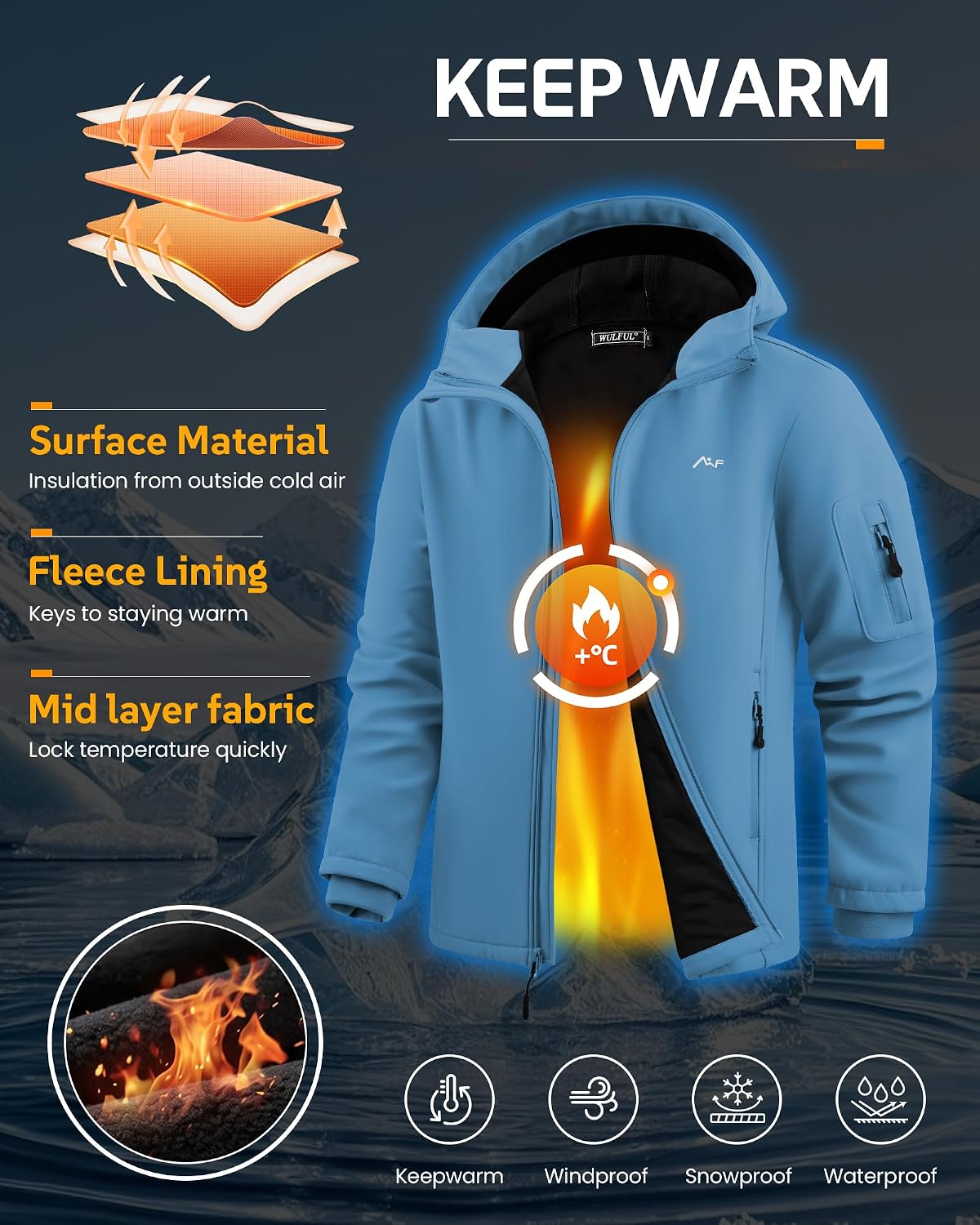 WULFUL Men's Lightweight Softshell Jacket Warm Fleece Lined Windbreaker Waterproof Soft Shell for Outdoor Hiking