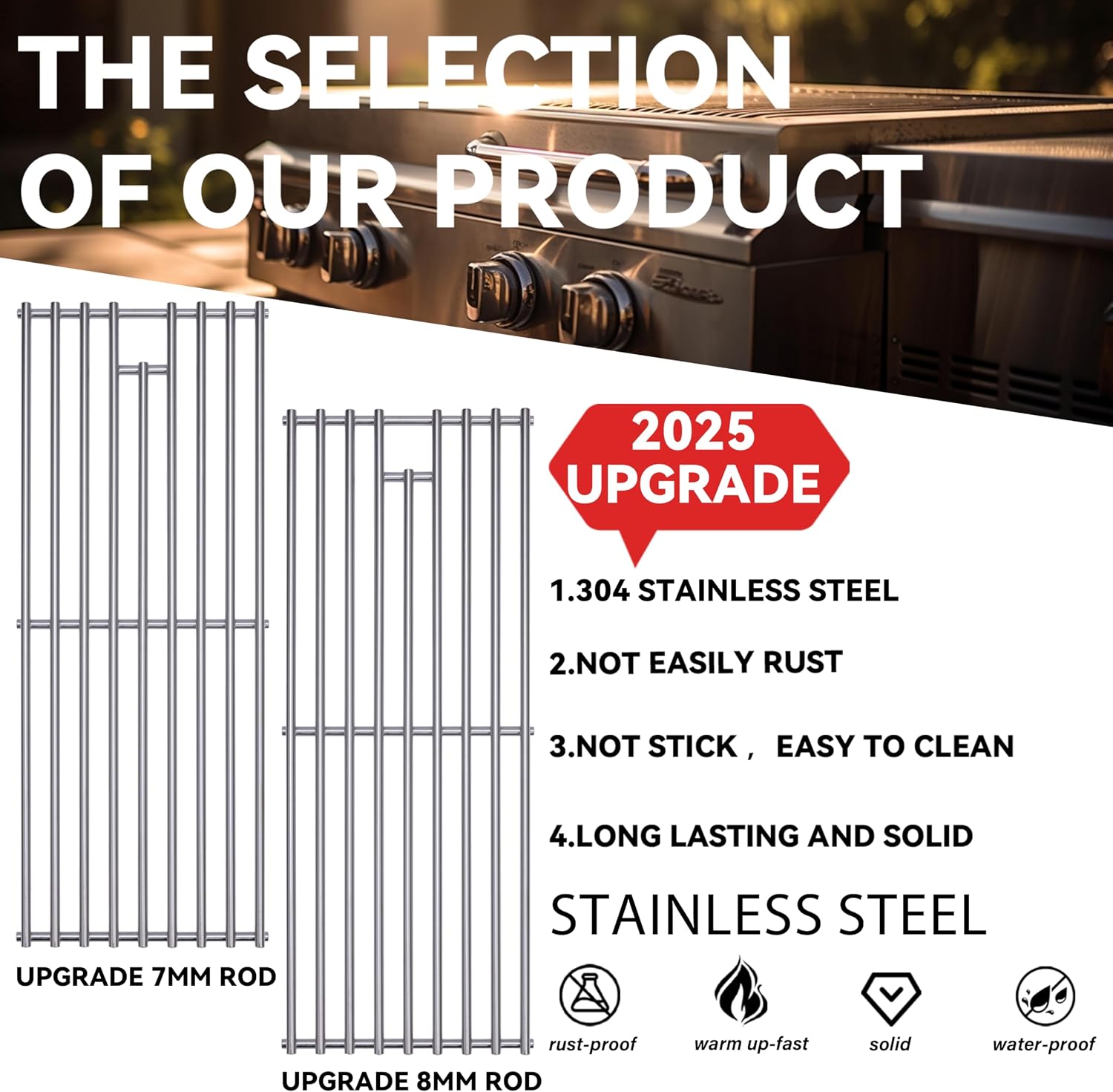 Upgrade 4 Pack 8mm 304 Stainless Steel BBQ Cooking Grill Grate Replacement Parts for Bull 16517,BBQ Angus 47628, Brahma, Lonstar Select, Outlaw Steer Premium, Lonestar Select,7 Burner Premium