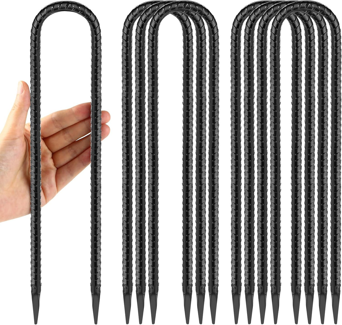 12 Inches Trampoline Wind Stakes, Heavy Duty U Stakes for Ground, 8-Pack Trampoline Tie Down Anchor Kit for Swing Set and Soccer Goal Galvanized Steel Anchors Black