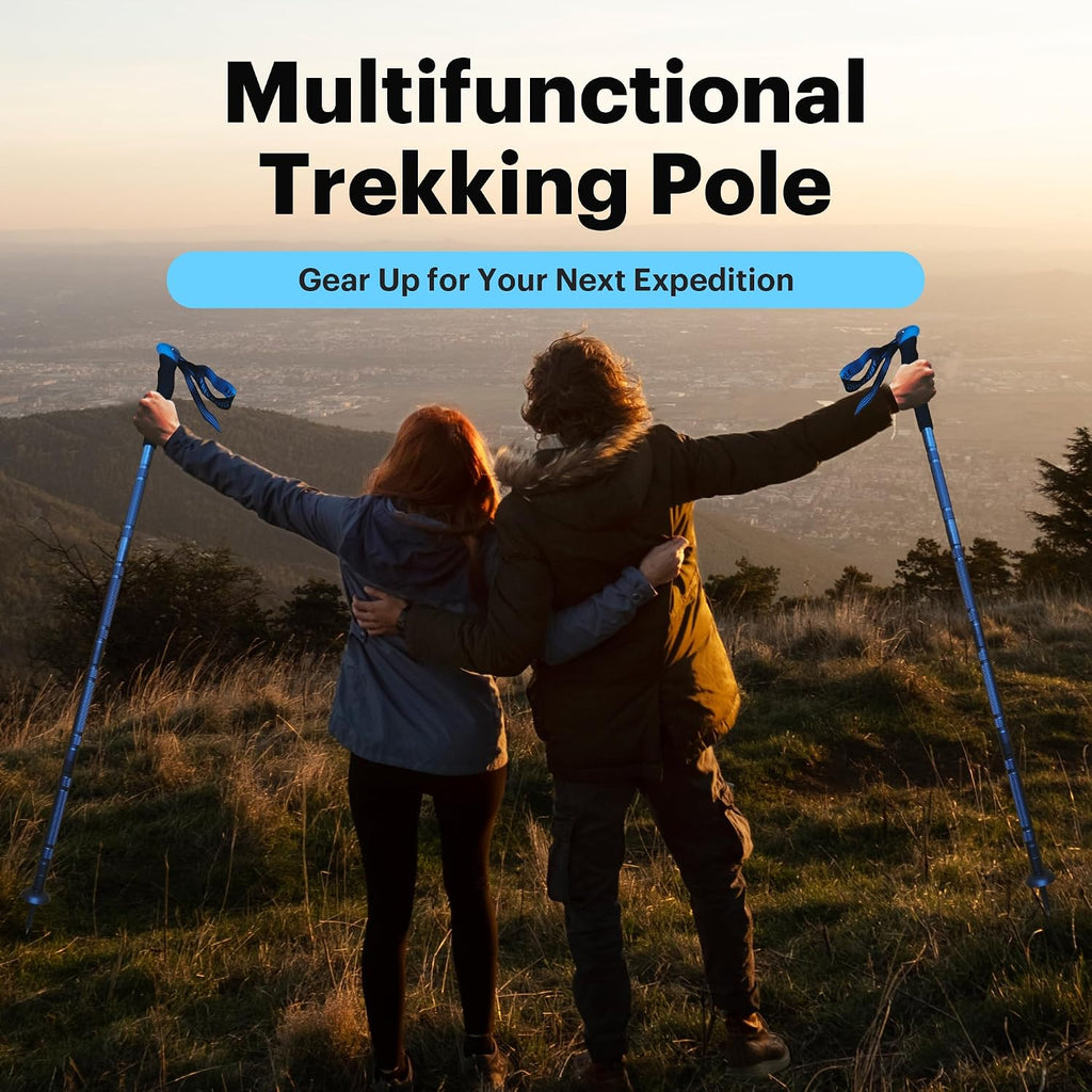 Versatile Trekking Pole with Accessories - Ideal for Hiking with Excellent Foam Grip Lightweight, Durable Tungsten Carbon Tip. Adjustable Length, Collapsible, Canvas Carry Bag