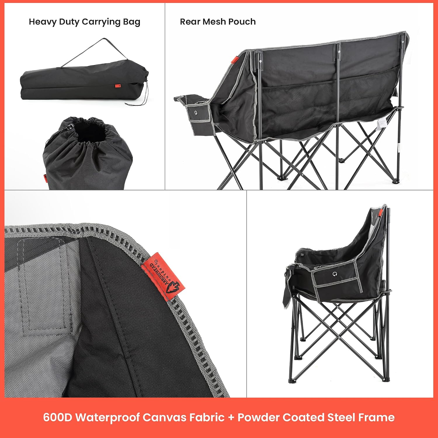 ARROWHEAD OUTDOOR Wide Duo Foldable Heated Camping Loveseat Chair, Black