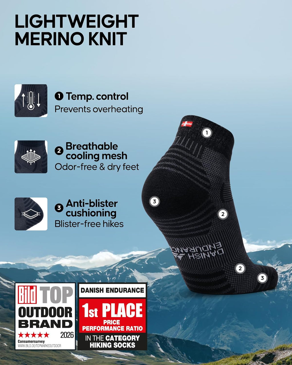 DANISH ENDURANCE Merino Wool Hiking Socks, Low-Cut, 3-Pack