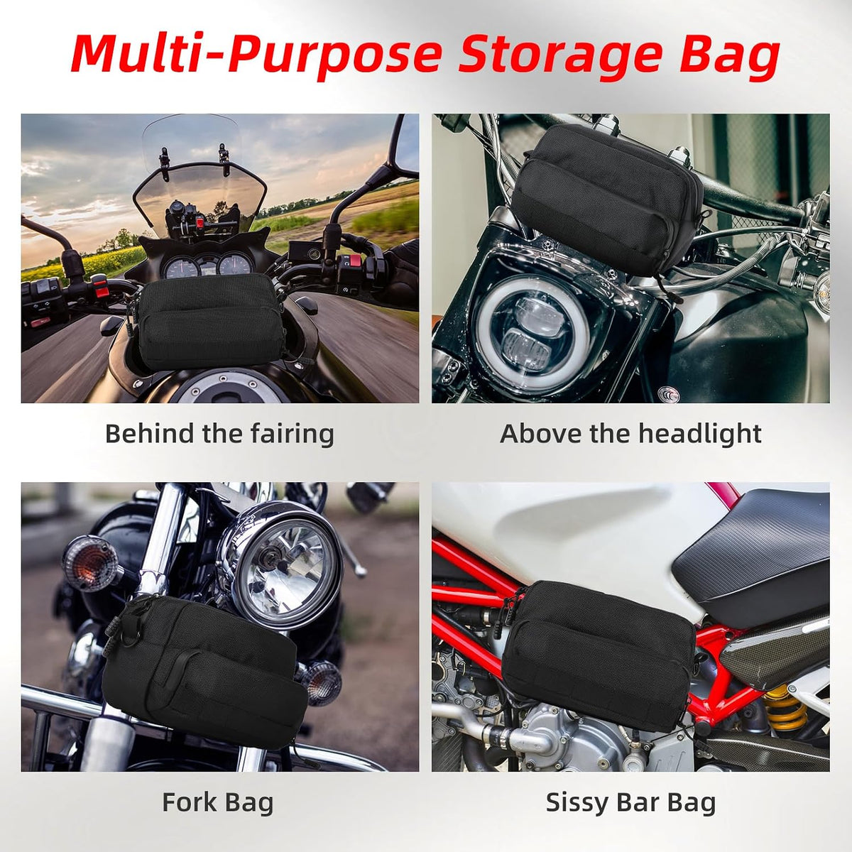 Universal Motorcycle Handlebar Bag, Motorcycle Bag Handlebar Tool Bag Fit for Front Fork Handle Bar Sissy Bar Motorbike Dirt Bike Bicycle Snowmobile Quad ATV