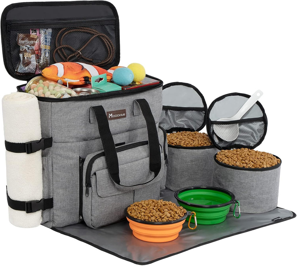 Modoker Weekend Dog Travel Bag Set with 2 Food Bags, 2 Bowls and Mat, Black