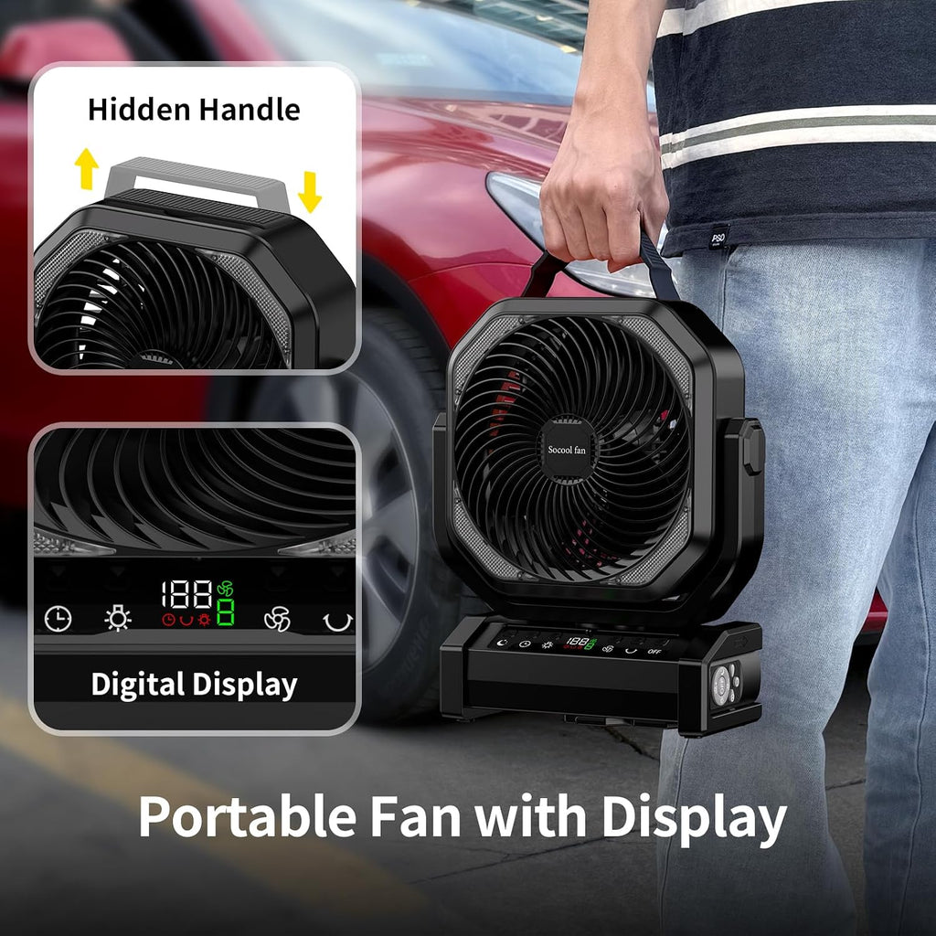 Socool Camping Fan with Light, 20000mAh Rechargeable Battery Fan with Remote, 112Hrs & 8 Speeds, Digital Display, Timer, Auto Oscillation, 270° Pivot & Hook for Outdoor Tent, Hurricane, Power Outage