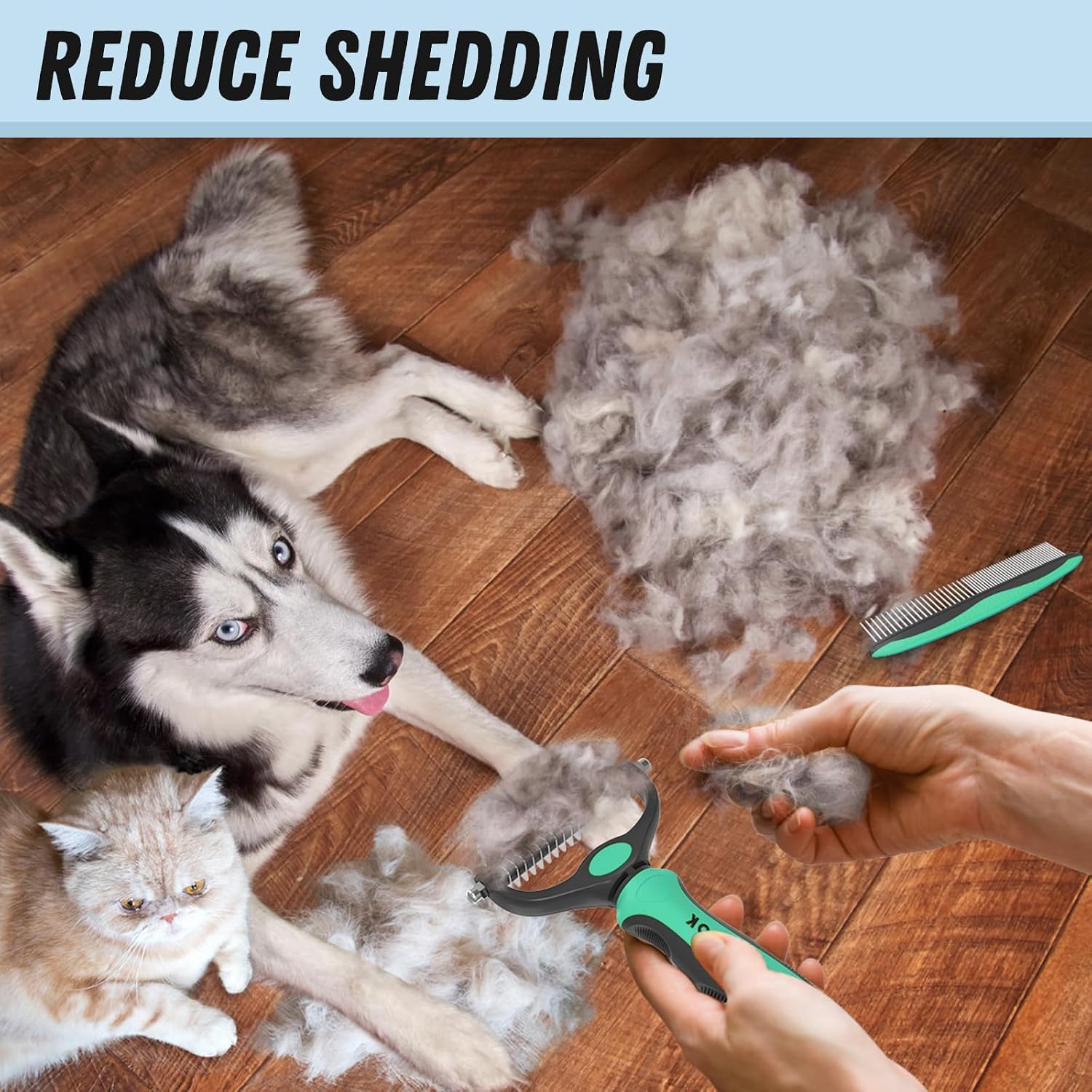 Docrok Pet Grooming Brush and Metal Comb Combo for Dogs & Cats, Green