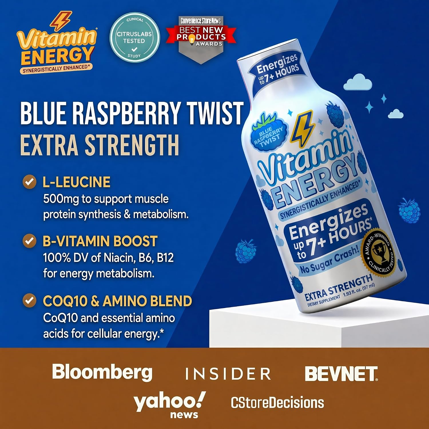 Vitamin Energy Blue Raspberry Twist Extra Strength Energy Shot, 12 Pack - Up to 7 Hrs, 260mg Natural Caffeine, Zero Sugar - Electrolytes + BCAAs, Hydration, B12 B6 Niacin, 1.93 fl oz, Keto Vegan