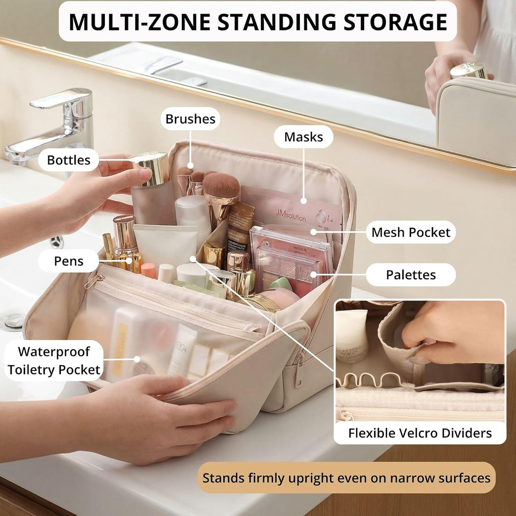 tianzong Travel Makeup Bag with Magnetic Fold-Down Flap, Waterproof Leather Cosmetic and Toiletry Organizer for Women, Multi-Zone Standing Storage, Cream, X-Large