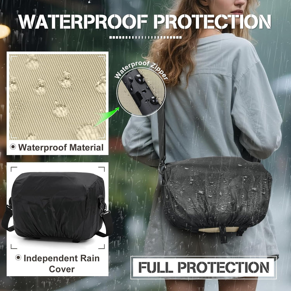 RAINSMORE Camera Bag, DSLR/SLR/Mirrorless Small Camera Sling Bag Waterproof Camera Case with Tripod Holder & Rain Cover Compact Crossbody Camera Bags for Photographers Everyday Shoulder Bags, Khaki