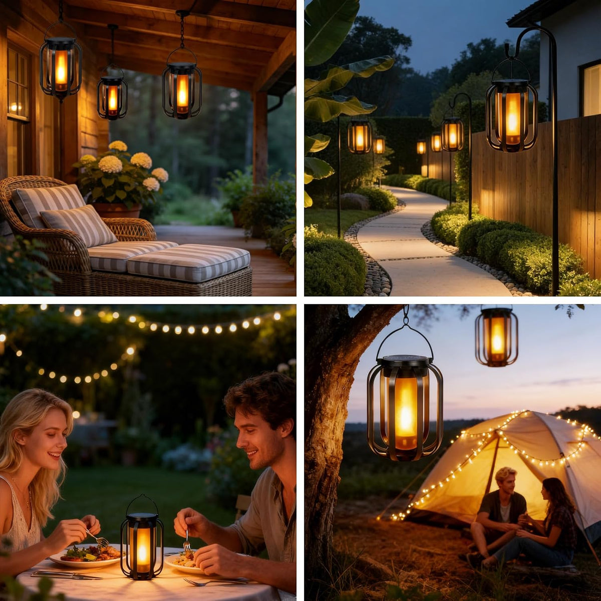 2 Pack Solar Lantern Lights Outdoor Waterproof Flickering Flame Light, Solar Lights with Dual Charging (USB/Solar) & 4 Modes Hanging Camping Light for Yard Patio Path Tree Porch Garden Decoration