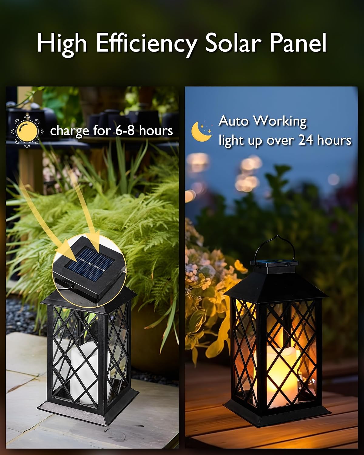 Homemory 2 Pack 13'' Black Solar Lanterns, Flickering Flame Hanging Lights