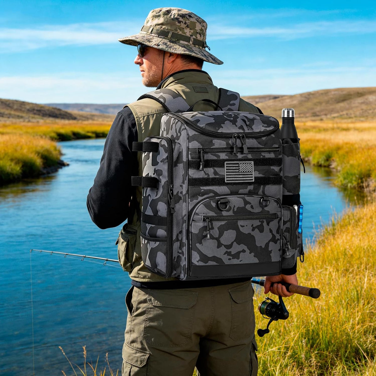 40L Tackle Fishing Backpack with 2 Rod Holders, Fits 4 3600 Trays
