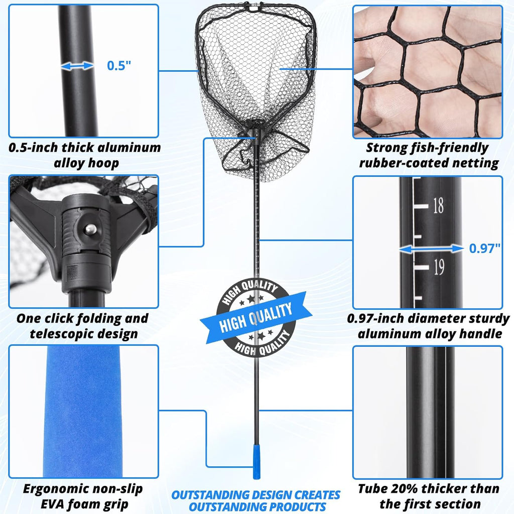 Foldable Long Fishing Net, Large Landing Net with Telescoping Handle