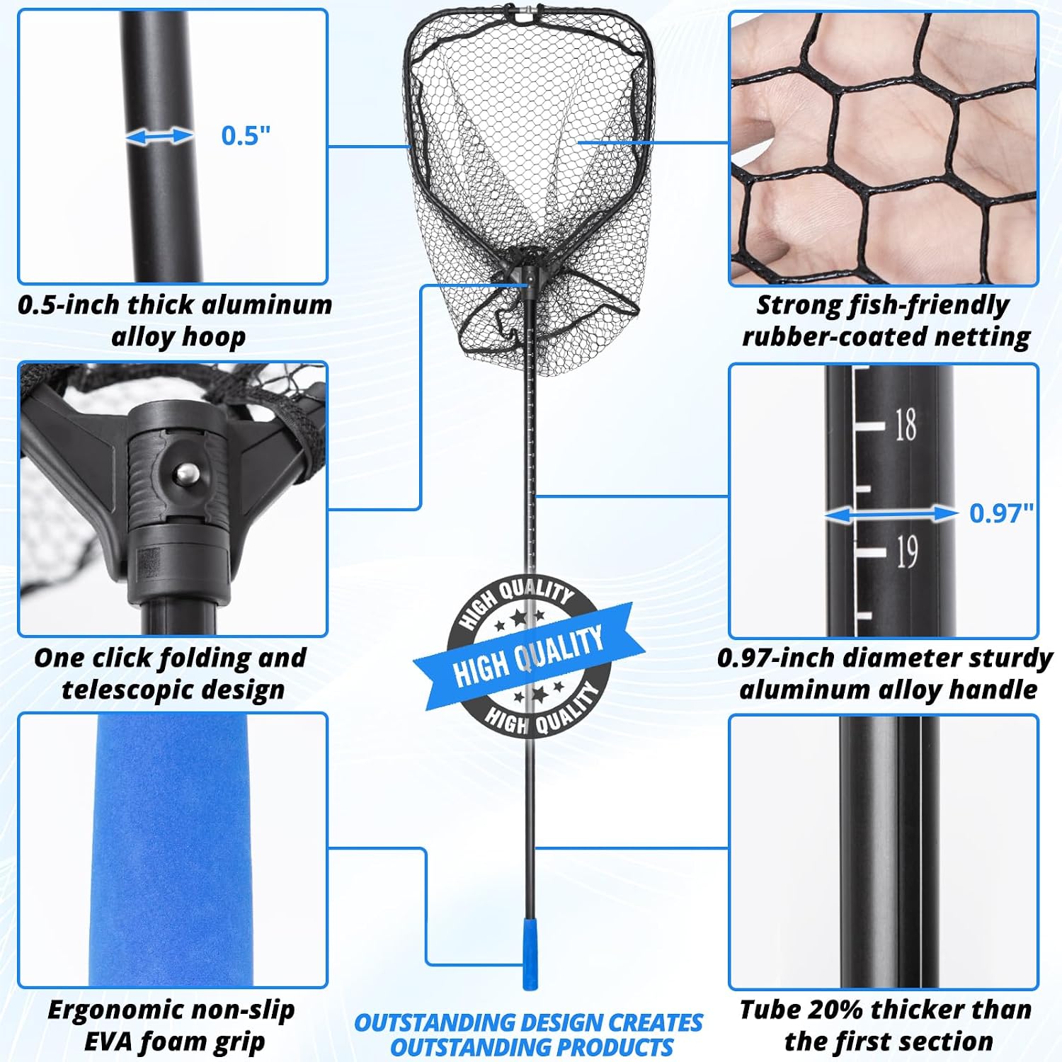 Foldable Long Fishing Net, Large Landing Net with Telescoping Handle