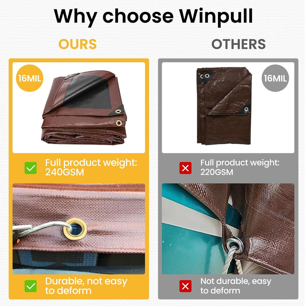 Winpull Tarp 10x12FT, Large 16 Mil Heavy Duty Tarps, Waterproof Tarp with Brass Grommets and Reinforced Edges, UV Resistant, Tear&Fade Resistant Poly Tarp for Outdoor Camping Pool Car Tent