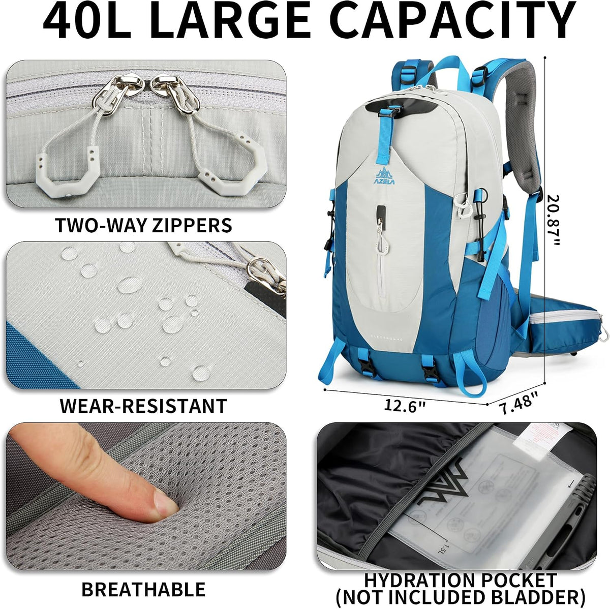 40L Hiking Backpack for Men and Women, Lightweight Waterproof Packable Camping Travel Daypack with Rain Cover (Dark Gray, 40 Liter)