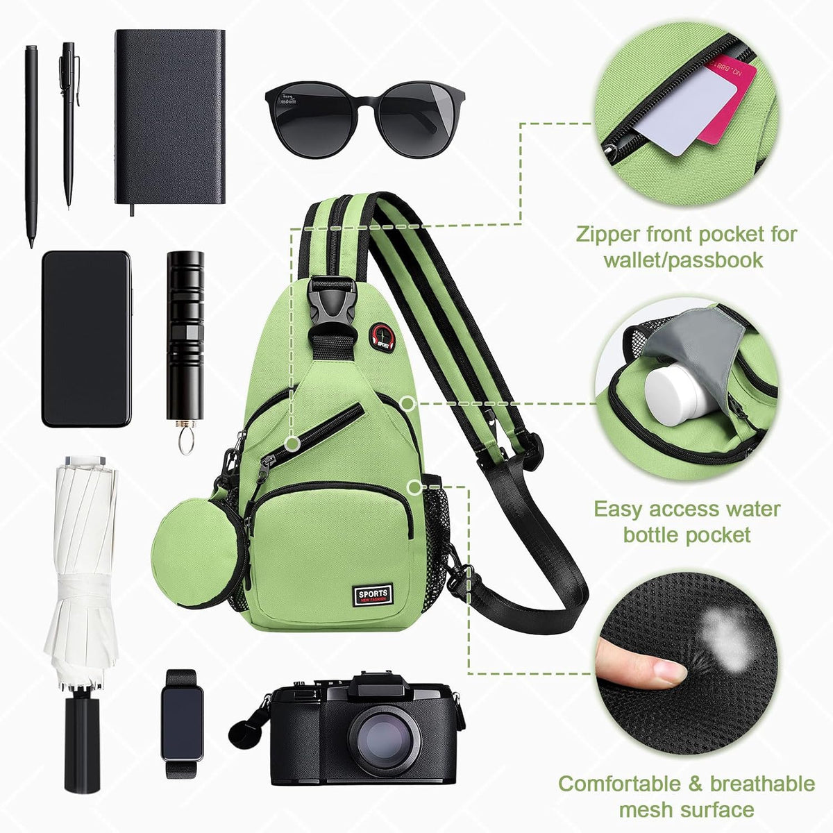 Small Sling Bag with Coin Pocket Fits for 7.9" Tablet, Green