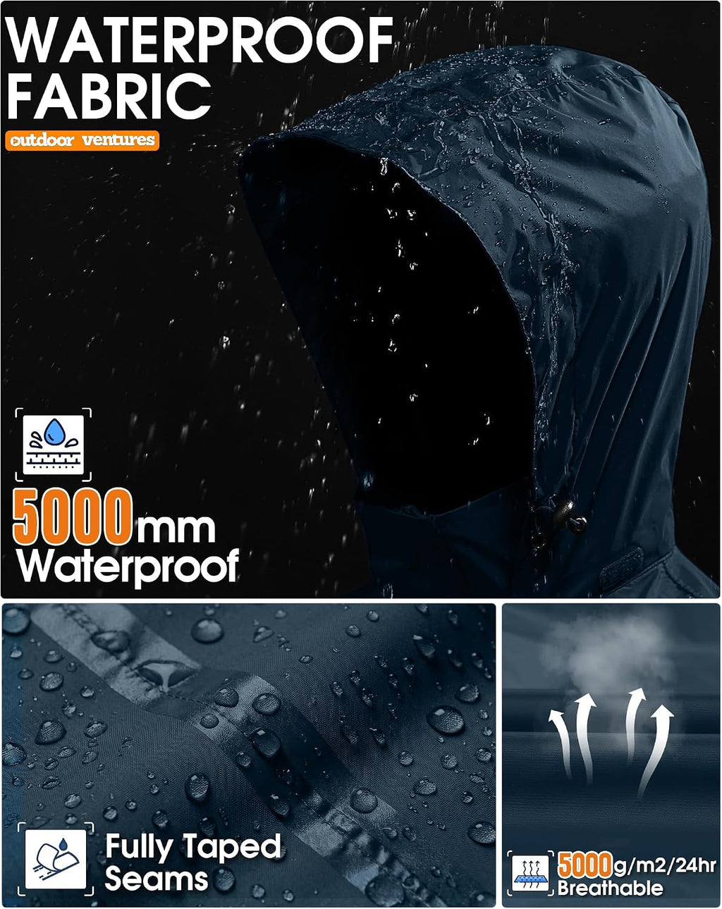 Outdoor Ventures Men's Rain Jacket Waterproof Lightweight Packable Raincoat
