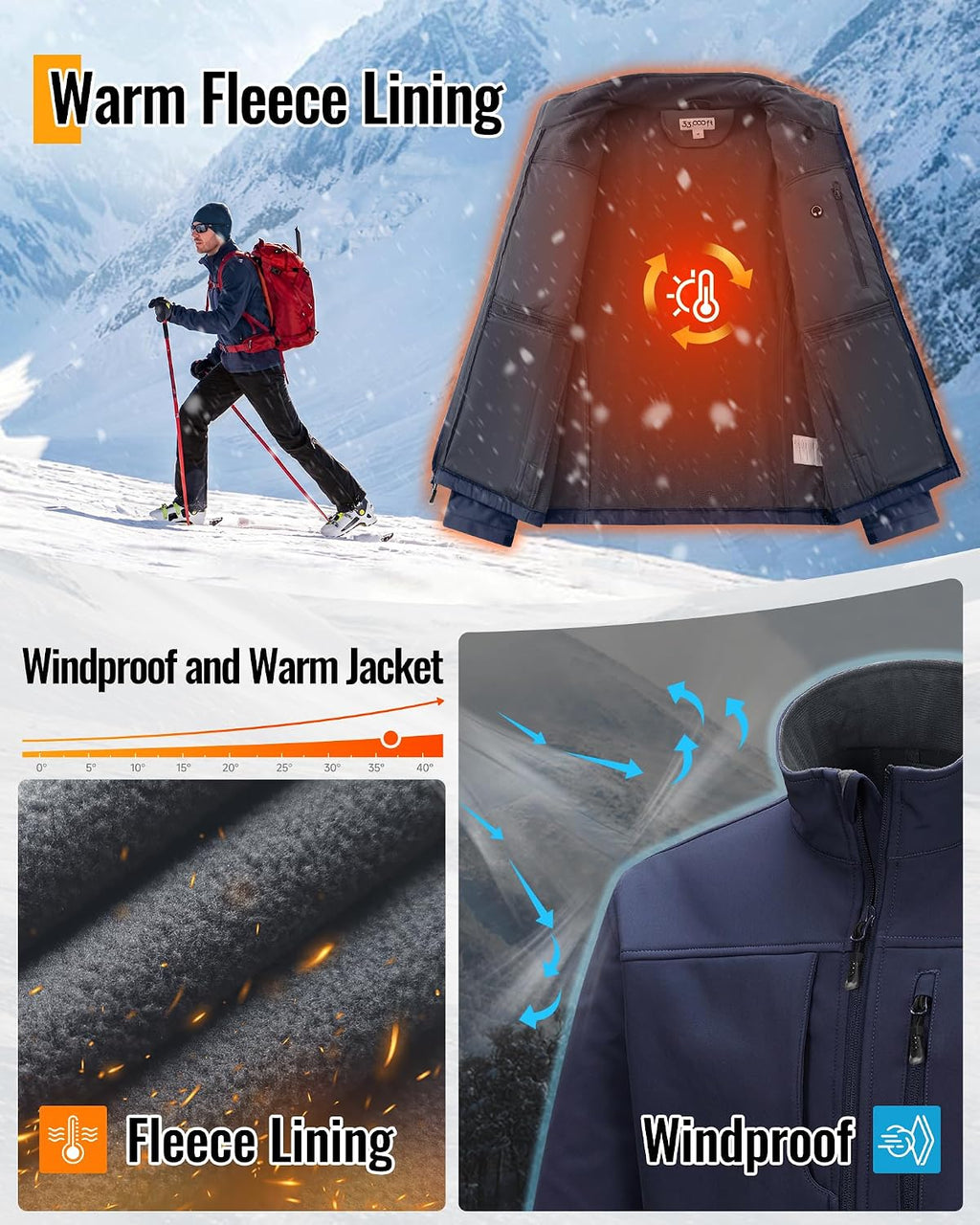 33,000ft Men's Lightweight Softshell Jacket Fleece Waterproof Windbreaker