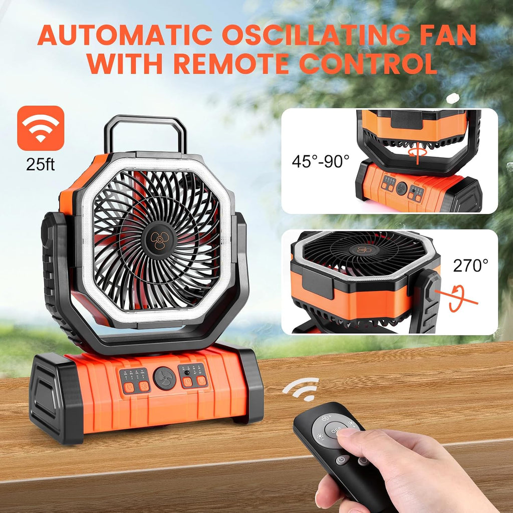 Odoland 30000mAh Camping Fan with LED Lantern, Rechargeable Battery Fan | Operated Oscillating Fan with Remote & Hook, Portable Tent Fan with Timer, 4 Speeds for Outdoor Camp RV Power Outage, Orange