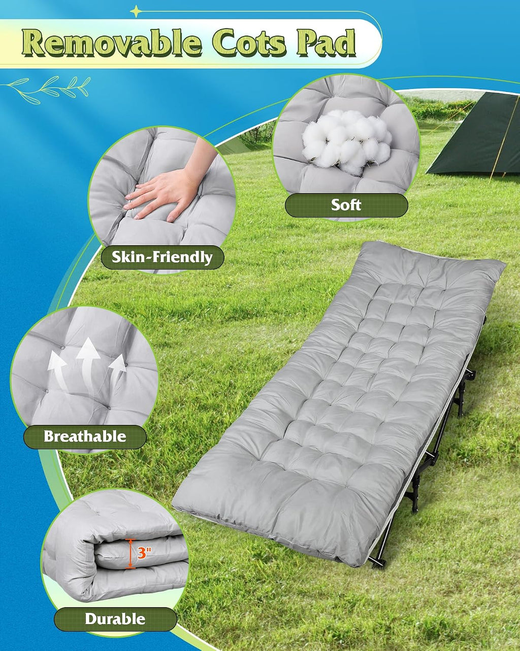 WLIVE 1200D Oxford Camping Cot with Washable Mattress for Adults, Greige