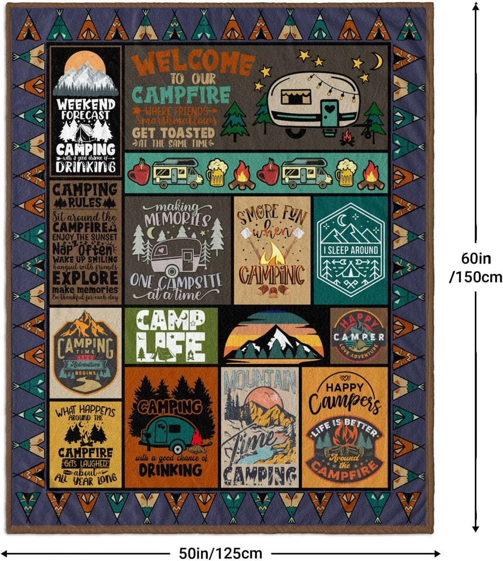 Camping Blanket Camping Lovers Gift Ideas for Men or Woman, Super Soft Throws Flannel Fleece Blankets Gifts for Camper Outdoor, Campsite Outdoors RV Travel Hiking Bed Sofa Couch 60"x50"