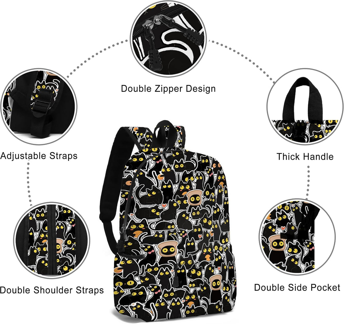 Funny Black Cat School Backpack for Girls Boys Bookbag, 17 Inch Animals Theme Laptop Back Pack for School Travel Hiking Camping