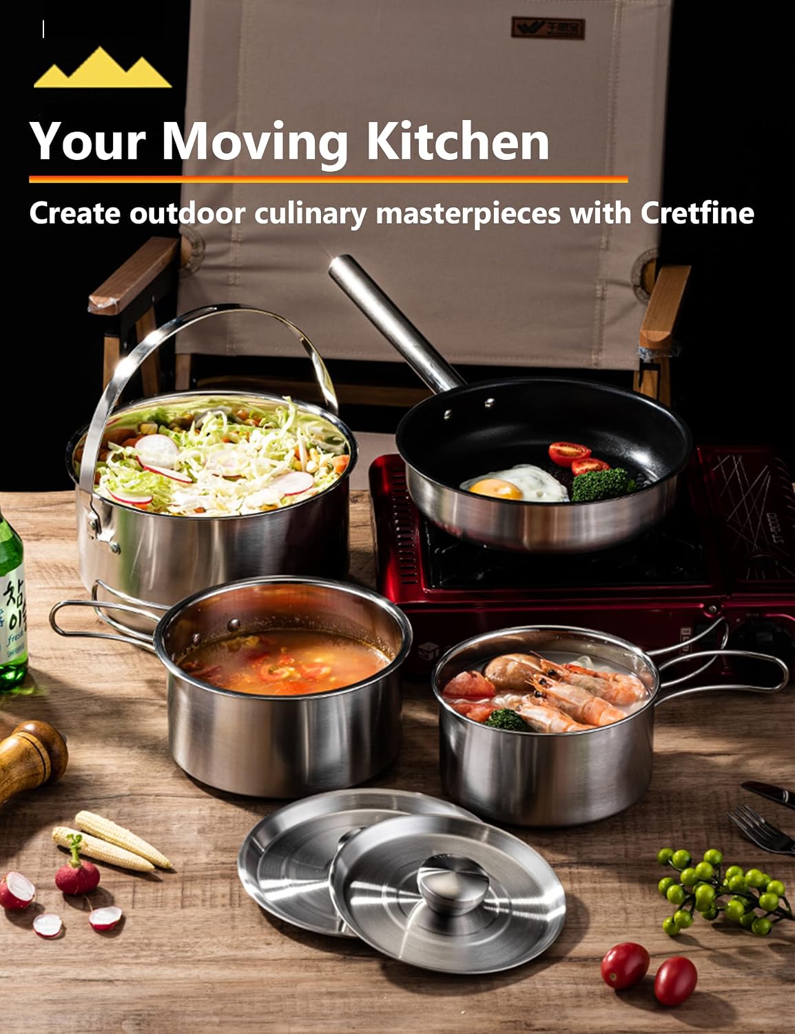 CompactKit Camping Cookware Set Stainless Steel Pots and Pan with Detachable Handle and Oxford Cloth Bag, for 4-8 Mess Kit with Utensils for Camp Kitchen, Picnic, BBQ, Traveling, Emergency