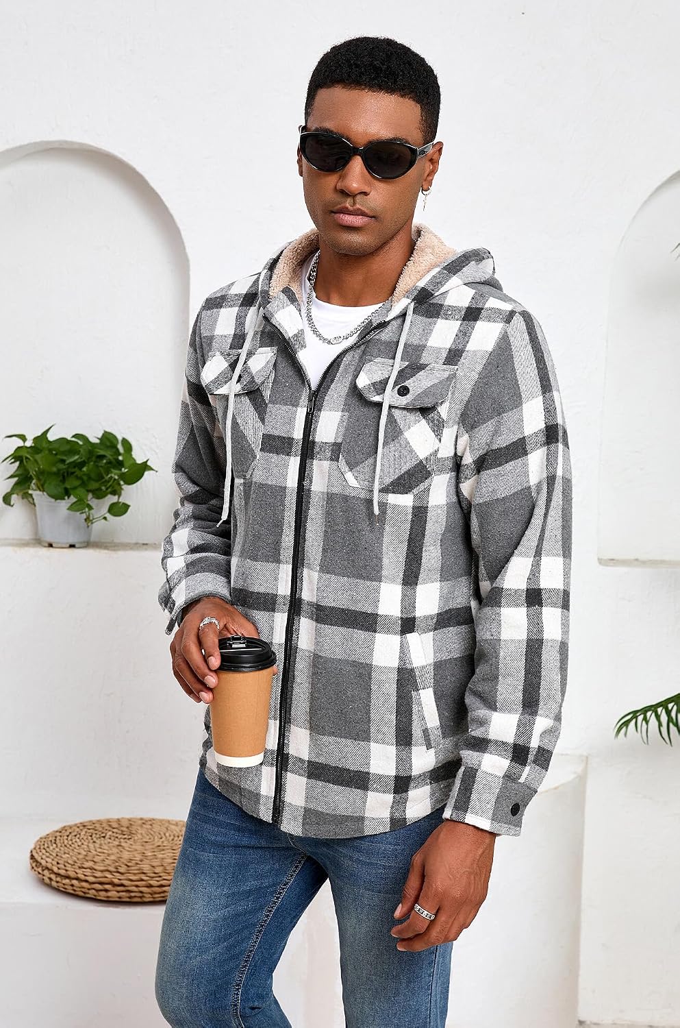 Men's Zip Up Flannel Shirt Jacket Fleece Lined with Hood