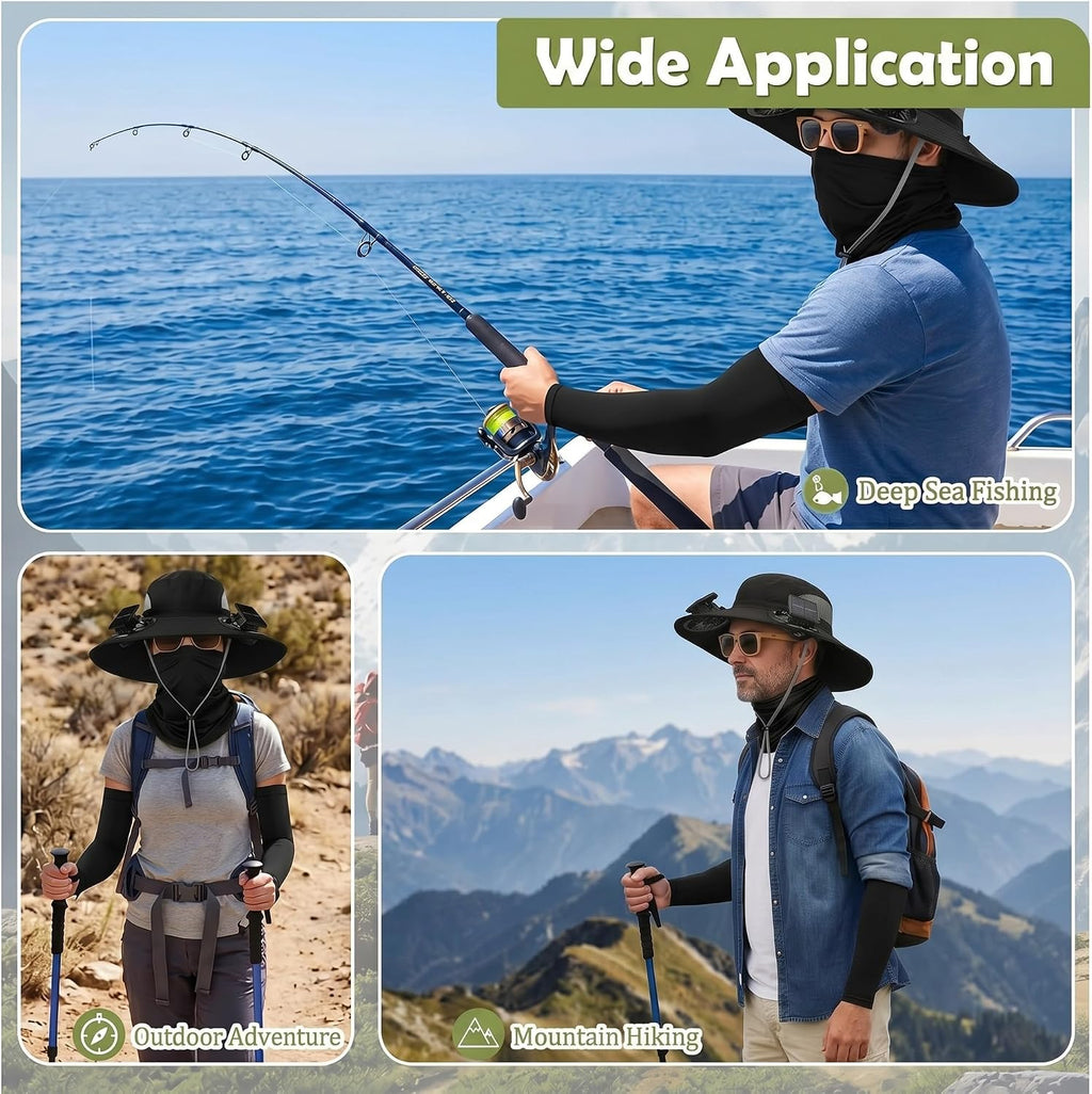 Syhood Solar Powered Fan Hat Neck Gaiter Arm Sleeves Sun Bucket Hat with Fan Cooling Wide Brim Hats for Fishing Hiking