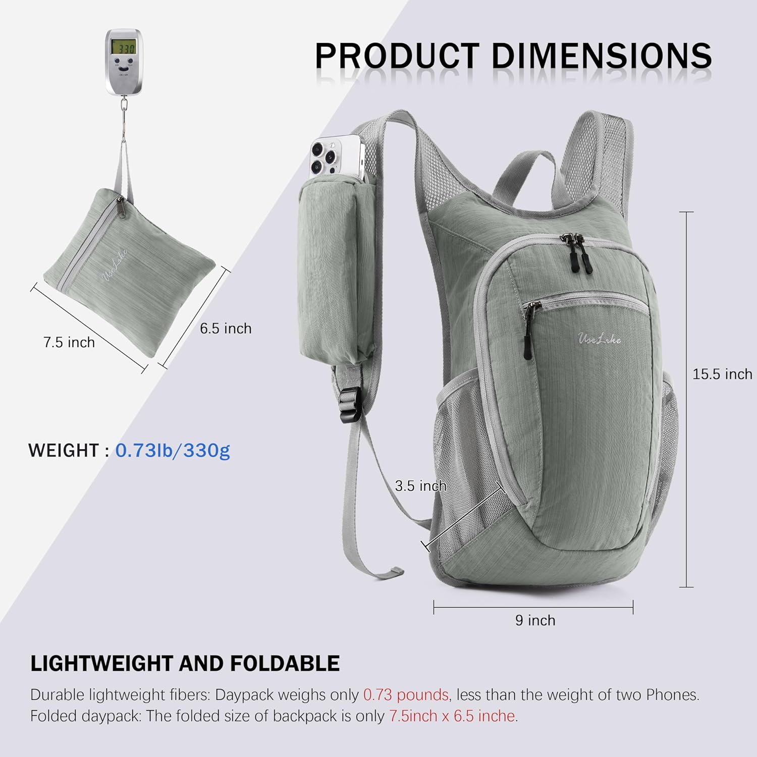Uselike 10L Small Hiking Backpack Travel Daypack Lightweight Packable Back Pack for Women Men(Light Grey)